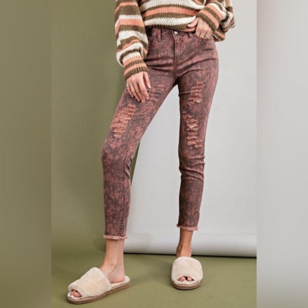 Easel Snake Print Stretch Twill Raw Hem Skinny Jeans Ankle Crop Rose New Medium